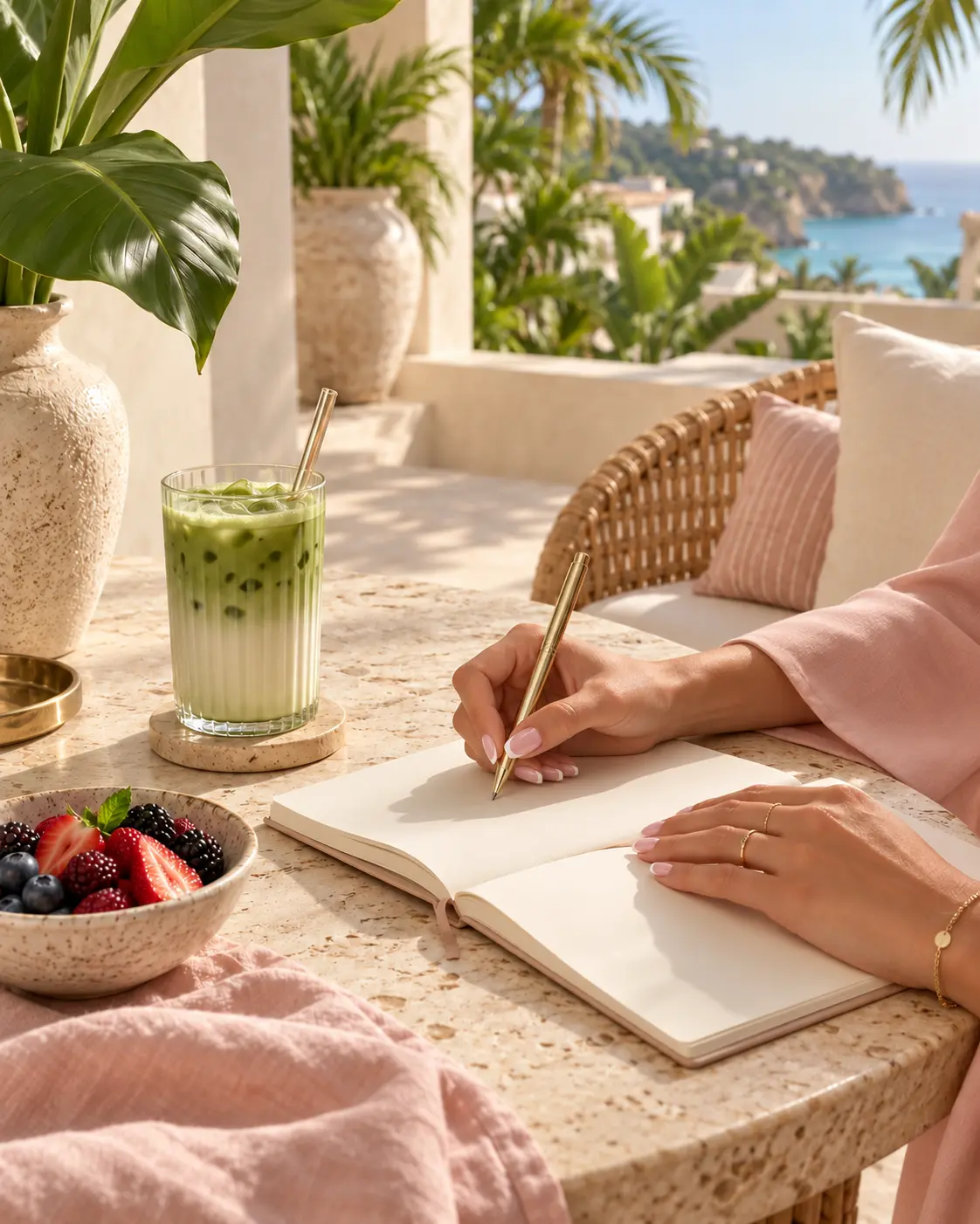 Mains d'une femme écrivant dans un carnet sur une terrasse ensoleillée face à la mer, stylo doré, fruits frais et matcha glacé