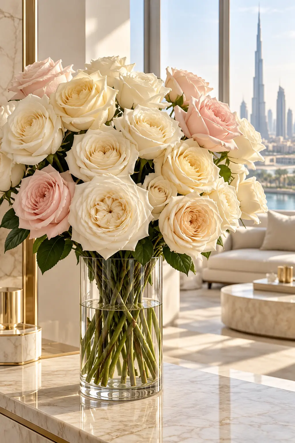 Bouquet de roses blanches, crème et rose poudré dans un vase en verre, lumière naturelle
