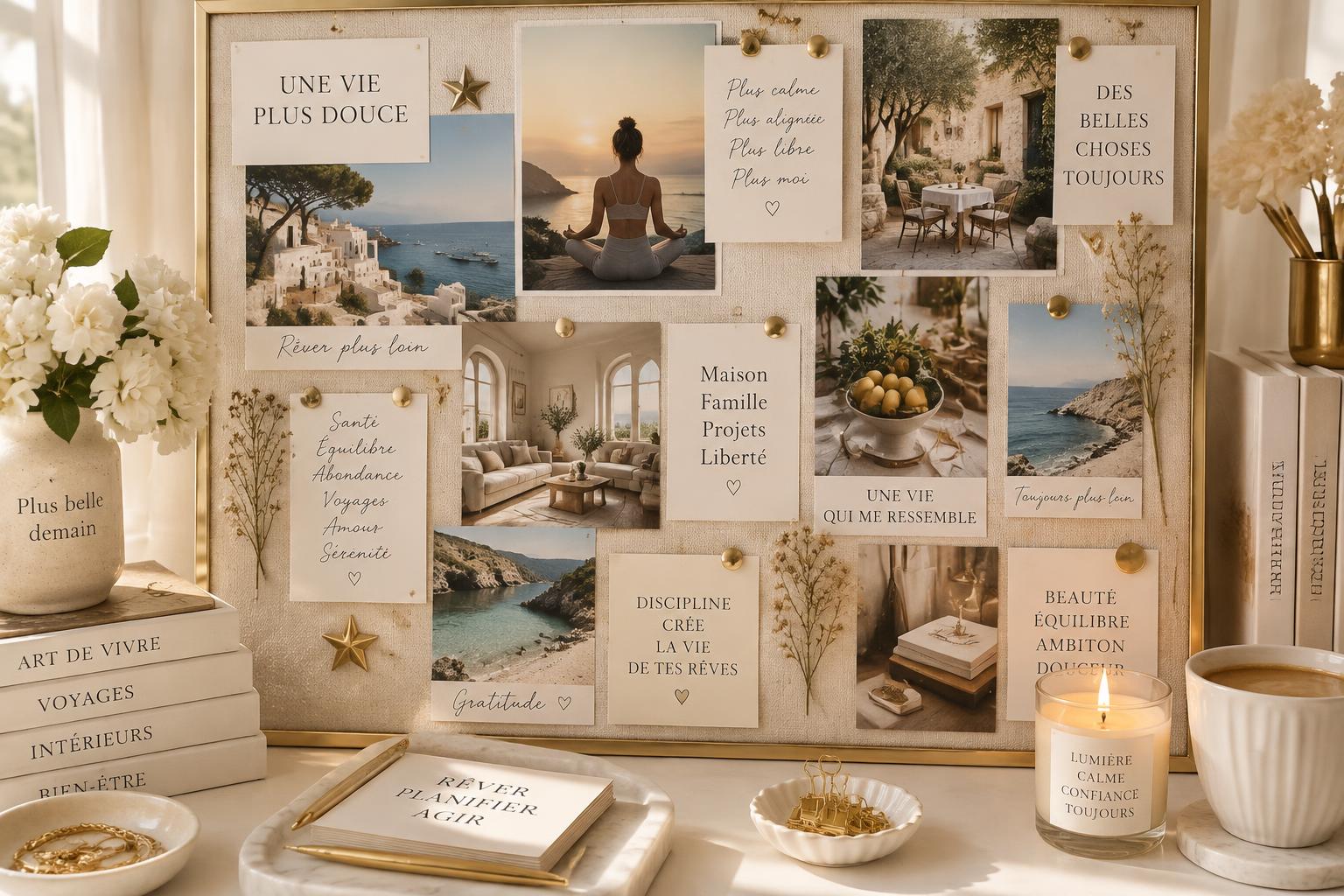 Vision board féminin aux tons ivoire et doré : photos de mer, d’intérieur cosy, notes d’intention manuscrites et étoiles dorées
