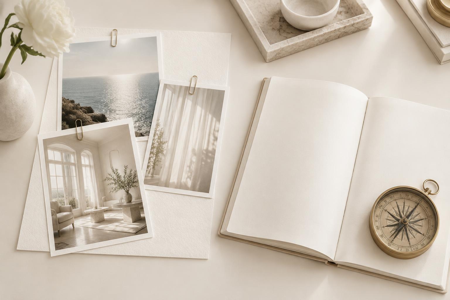 Carnet ivoire, boussole champagne et collage de photos lumineuses pour imaginer sa direction