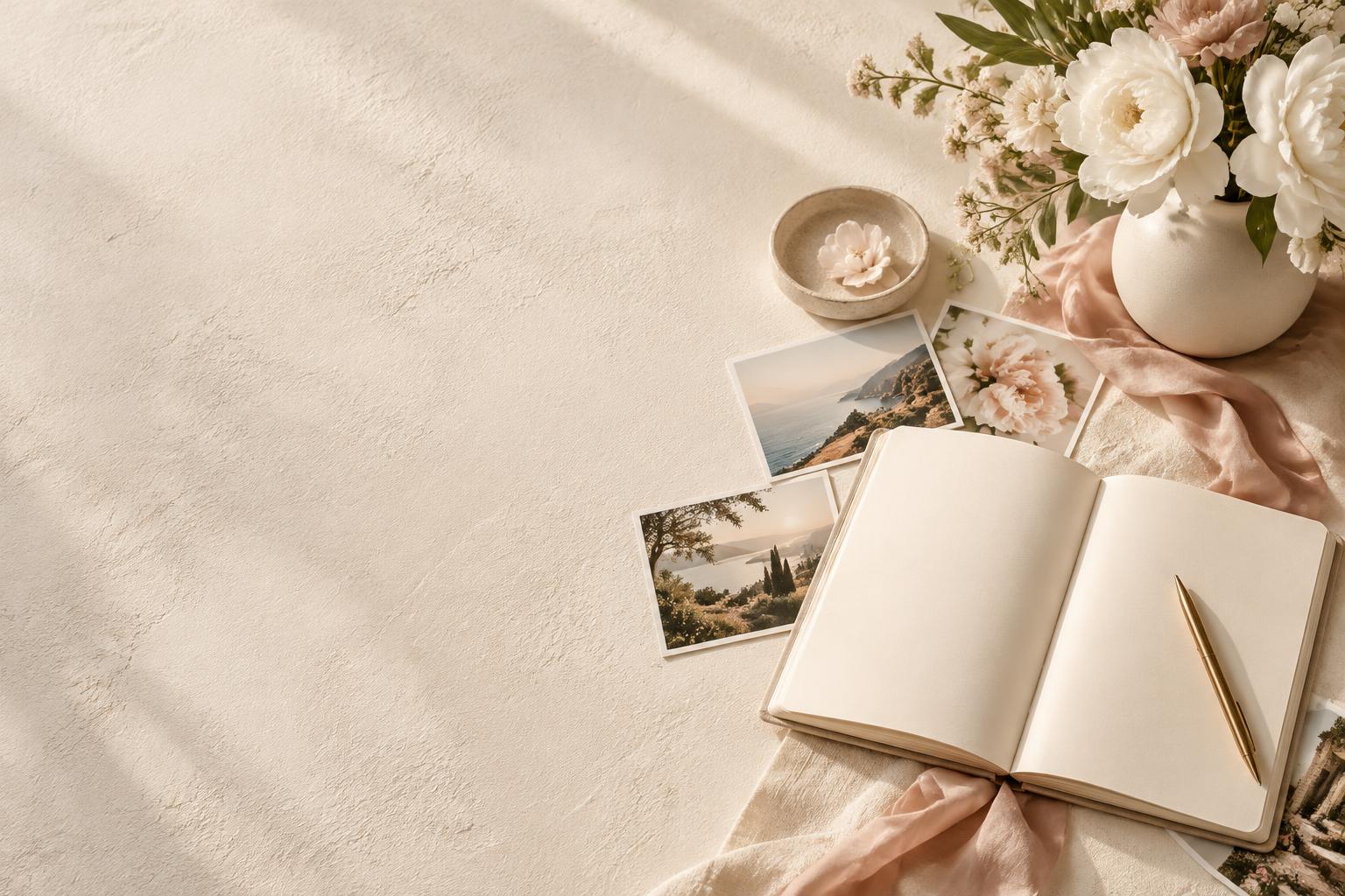 Carnet ouvert, images inspirantes et fleurs baignés de lumière naturelle